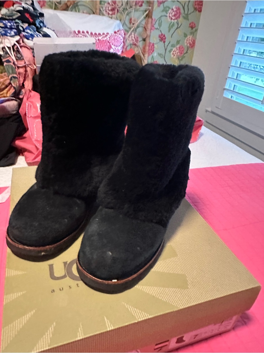 UGG Black Faux-Fur Short Winter Booties